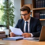 le clerc de notaire examine attentivement la lettre type d'offre d'achat immobilier pour assurer la conformité et la sécurité juridique de la transaction.