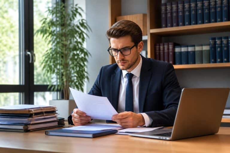 le clerc de notaire examine attentivement la lettre type d'offre d'achat immobilier pour assurer la conformité et la sécurité juridique de la transaction.