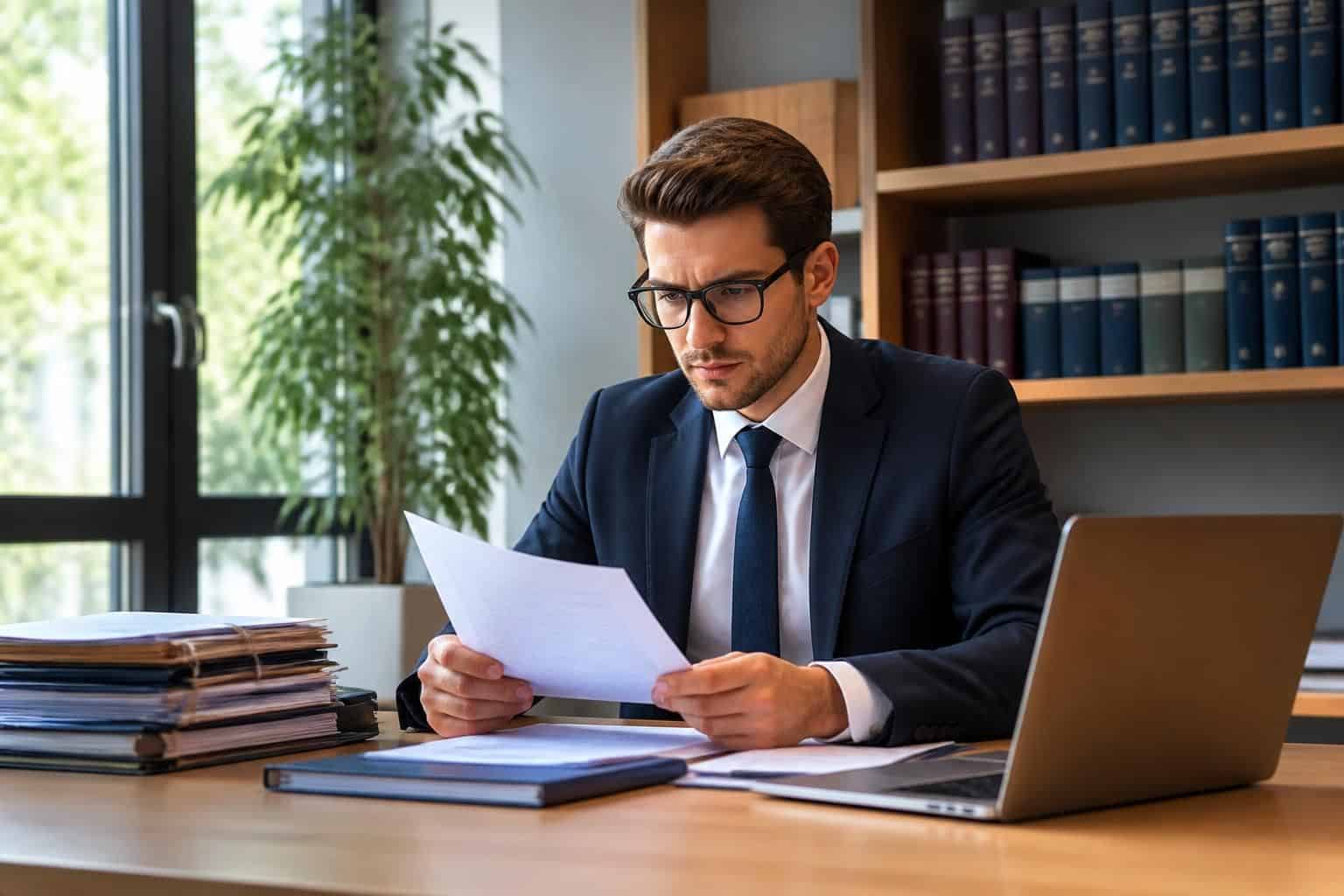le clerc de notaire examine attentivement la lettre type d'offre d'achat immobilier pour assurer la conformité et la sécurité juridique de la transaction.