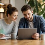 un jeune couple explore les annonces immobilières du bon coin dans le 91 pour trouver la maison idéale à vendre.
