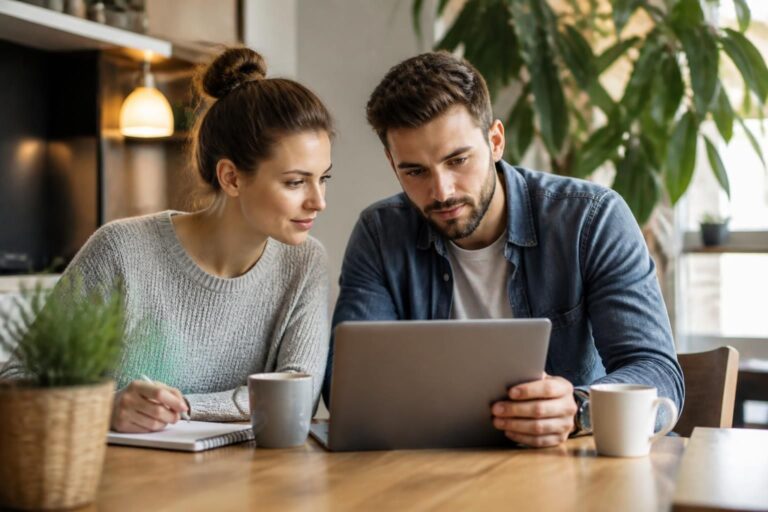 un jeune couple explore les annonces immobilières du bon coin dans le 91 pour trouver la maison idéale à vendre.