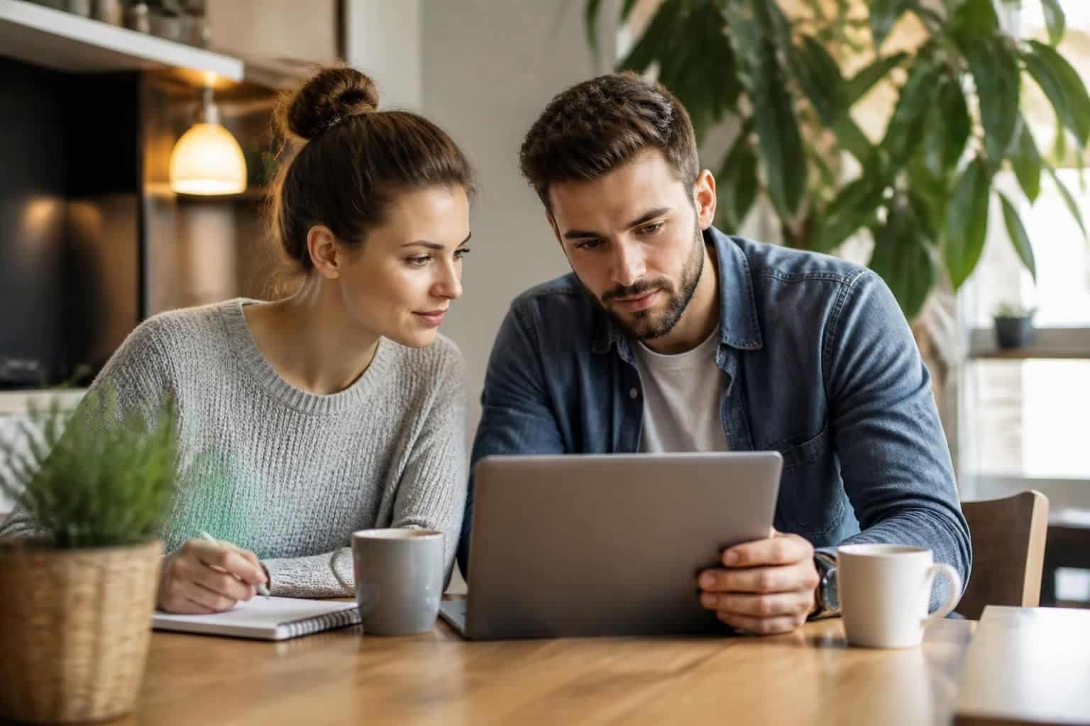 un jeune couple explore les annonces immobilières du bon coin dans le 91 pour trouver la maison idéale à vendre.